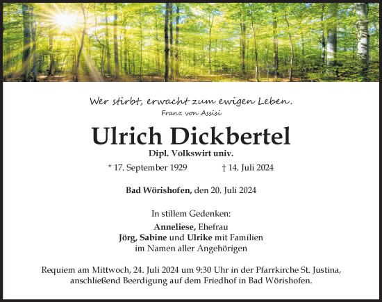 Traueranzeige von Ulrich Dickbertel von Mindelheimer Zeitung