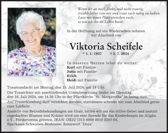 Traueranzeige von Viktoria Scheffele von Landsberger Tagblatt