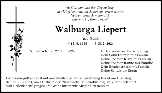 Traueranzeige von Walburga Liepert von Wertinger Zeitung, Augsburg-Land