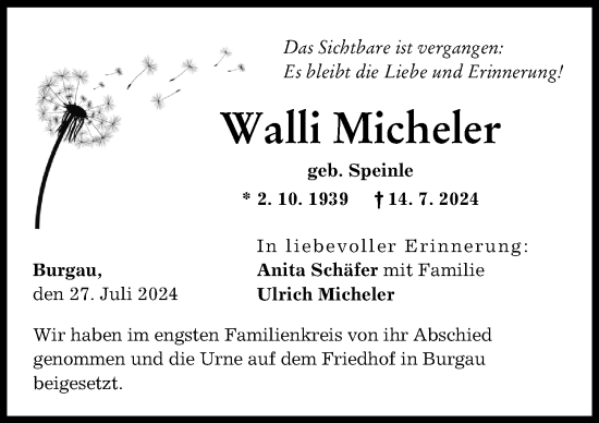 Traueranzeige von Walli Micheler von Günzburger Zeitung