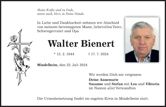 Traueranzeige von Walter Bienert von Mindelheimer Zeitung