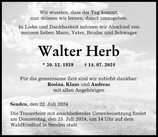 Traueranzeige von Walter Herb von Neu-Ulmer Zeitung