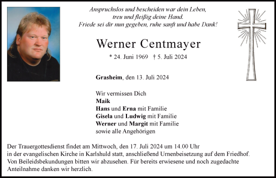 Traueranzeige von Werner Centmayer von Neuburger Rundschau