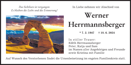 Traueranzeige von Werner Herrmannsberger von Augsburger Allgemeine