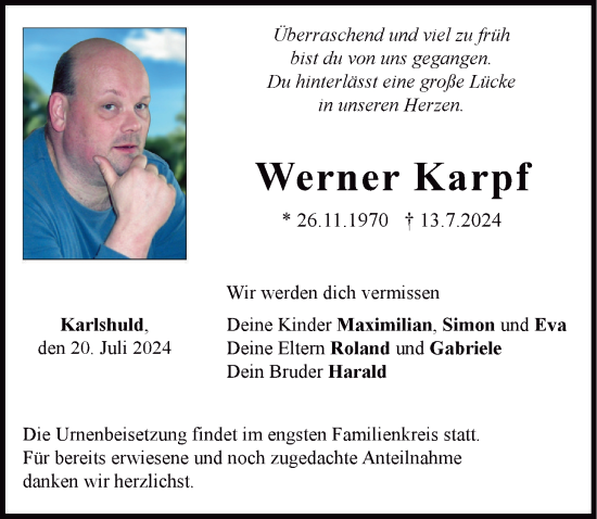 Traueranzeige von Werner Karpf von Neuburger Rundschau