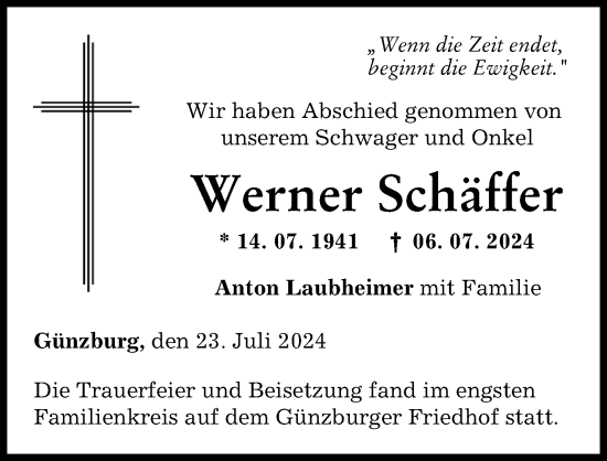Traueranzeige von Werner Schäffer von Günzburger Zeitung