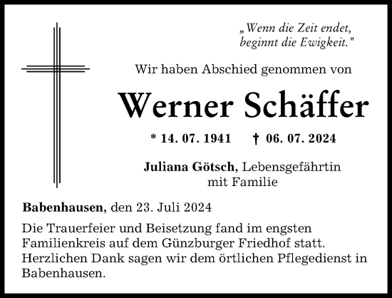 Traueranzeige von Werner Schäffer von Illertisser Zeitung
