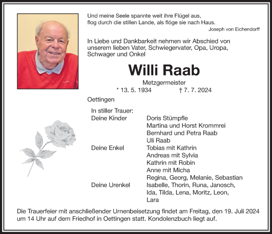 Traueranzeige von Willi Raab von Rieser Nachrichten
