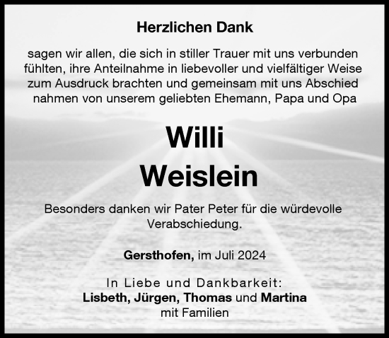 Traueranzeige von Willi Weislein von Augsburg-Land
