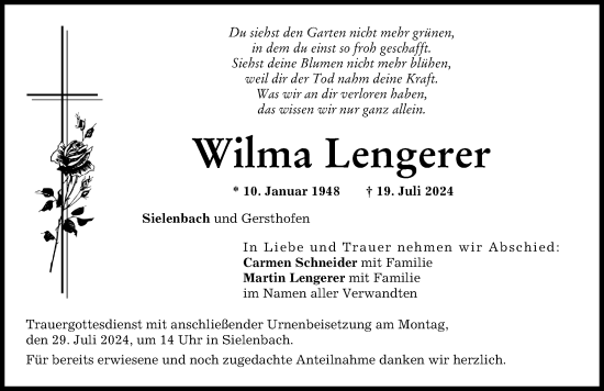 Traueranzeige von Wilma Lengerer von Aichacher Nachrichten