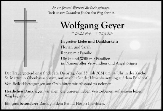 Traueranzeige von Wolfgang Geyer von Mittelschwäbische Nachrichten, Illertisser Zeitung