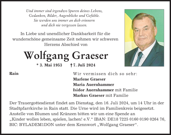 Traueranzeige von Wolfgang Graeser von Donauwörther Zeitung