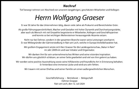 Traueranzeige von Wolfgang Graeser von Donauwörther Zeitung