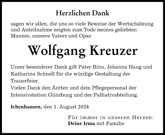 Traueranzeige von Wolfgang Kreuzer von Günzburger Zeitung