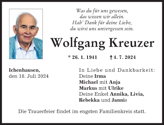 Traueranzeige von Wolfgang Kreuzer von Günzburger Zeitung