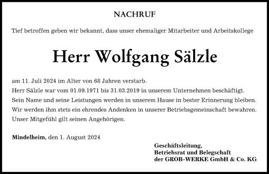Traueranzeige von Wolfgang Sälzle von Mindelheimer Zeitung