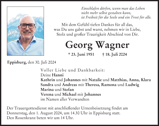 Traueranzeige von Georg Wagner  von Wertinger Zeitung; Donau-Zeitung