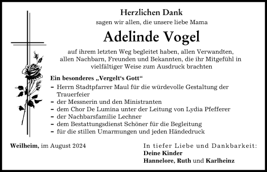 Traueranzeige von Adelinde Vogel von Donauwörther Zeitung
