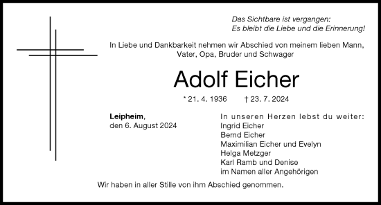 Traueranzeige von Adolf Eicher von Günzburger Zeitung