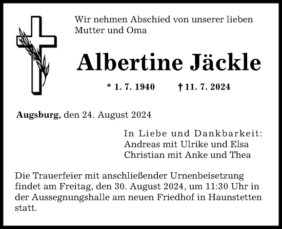 Traueranzeige von Albertine Jäckle von Augsburger Allgemeine