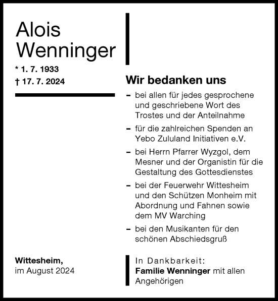 Traueranzeige von Alois Wenninger von Donauwörther Zeitung
