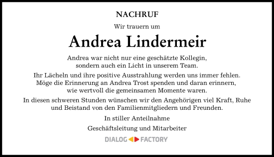 Traueranzeige von Andrea Lindermeir von Augsburger Allgemeine