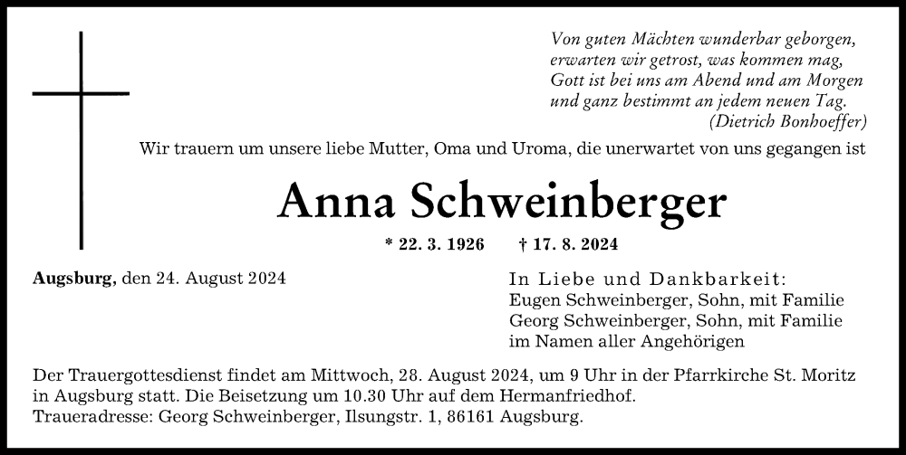  Traueranzeige für Anna Schweinberger vom 24.08.2024 aus Augsburger Allgemeine