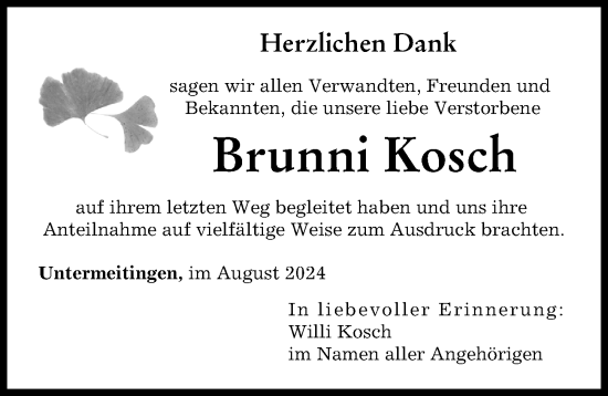 Traueranzeige von Brunni Kosch von Schwabmünchner Allgemeine
