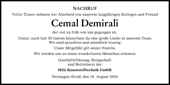 Traueranzeige von Cemal Demirali von Neu-Ulmer Zeitung