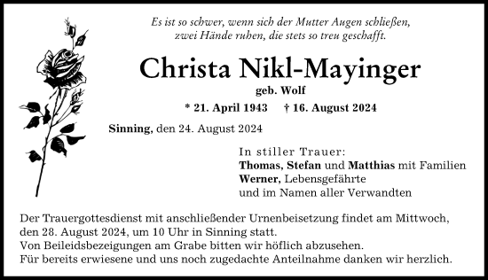 Traueranzeige von Christa Nikl-Mayinger von Neuburger Rundschau