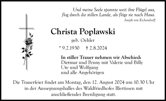 Traueranzeige von Christa Poplawski von Illertisser Zeitung