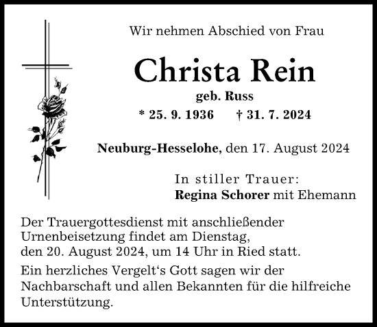 Traueranzeige von Christa Rein von Neuburger Rundschau