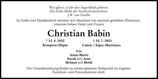 Traueranzeige von Christian Babin von Donauwörther Zeitung