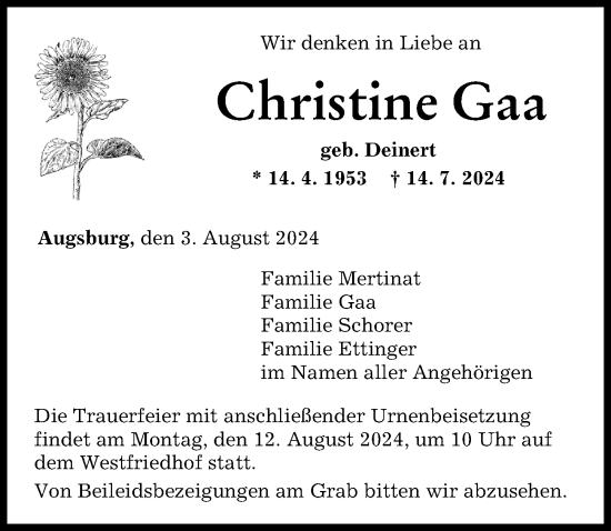 Traueranzeige von Christine Gaa von Augsburger Allgemeine