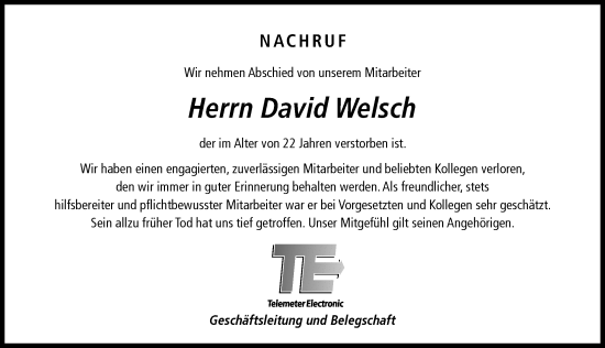 Traueranzeige von David Welsch von Donauwörther Zeitung