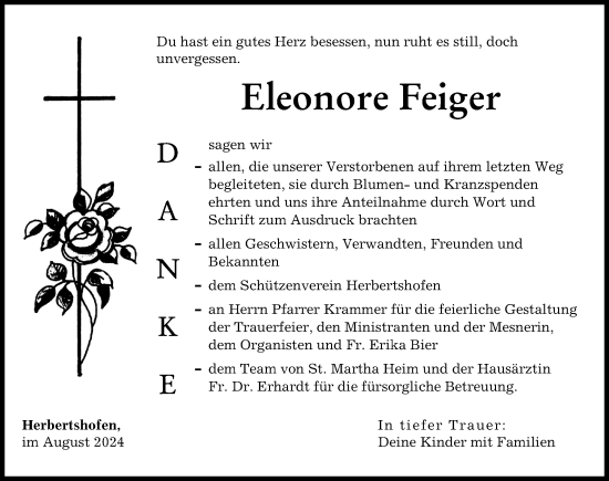 Traueranzeige von Eleonore Feiger von Augsburg-Land