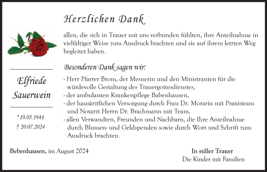 Traueranzeige von Elfriede Sauerwein von Illertisser Zeitung