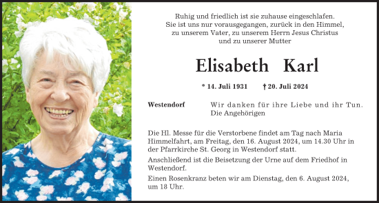 Traueranzeige von Elisabeth Karl von Augsburg-Land