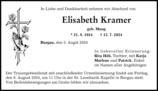 Traueranzeige von Elisabeth Kramer von Günzburger Zeitung