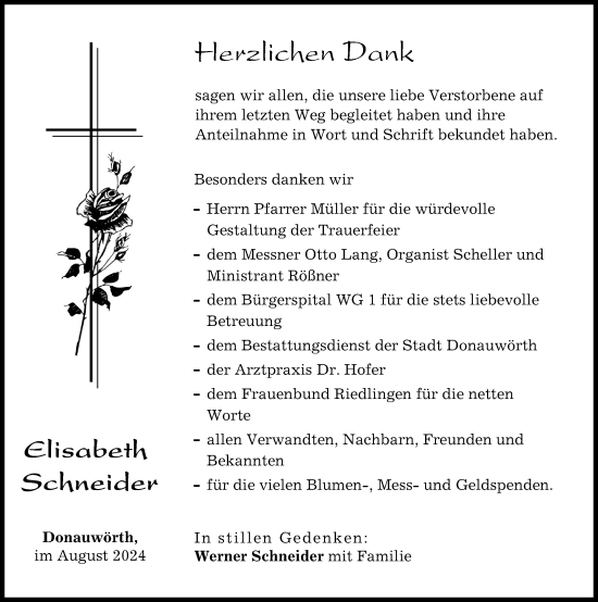 Traueranzeige von Elisabeth Schneider von Donauwörther Zeitung