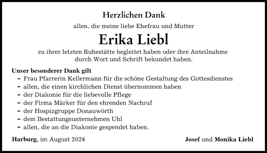 Traueranzeige von Erika Liebl von Rieser Nachrichten, Donauwörther Zeitung