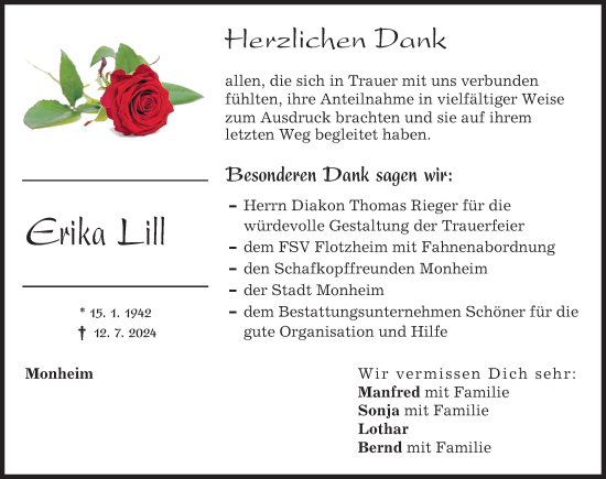 Traueranzeige von Erika Lill von Donauwörther Zeitung