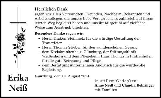 Traueranzeige von Erika Neiß von Günzburger Zeitung
