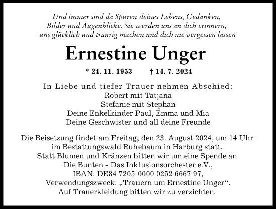 Traueranzeige von Ernestine Unger von Wertinger Zeitung, Augsburger Allgemeine