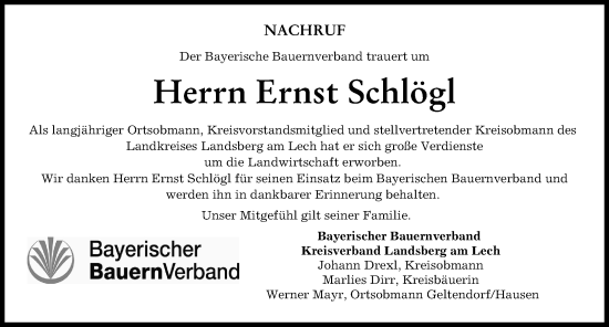 Traueranzeige von Ernst Schlögl von Landsberger Tagblatt