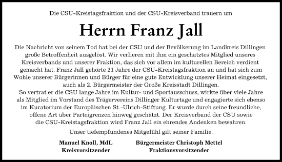Traueranzeige von Franz Jall von Donau Zeitung