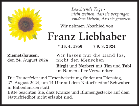 Traueranzeige von Franz Liebhaber von Mittelschwäbische Nachrichten, Günzburger Zeitung