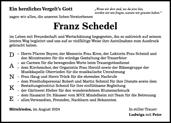 Traueranzeige von Franz Schedel von Mindelheimer Zeitung