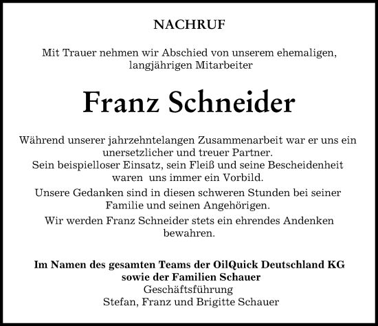 Traueranzeige von Franz Schneider von Friedberger Allgemeine