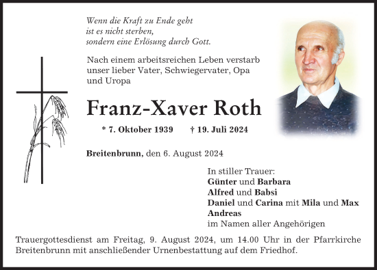 Traueranzeige von Franz-Xaver Roth von Mindelheimer Zeitung